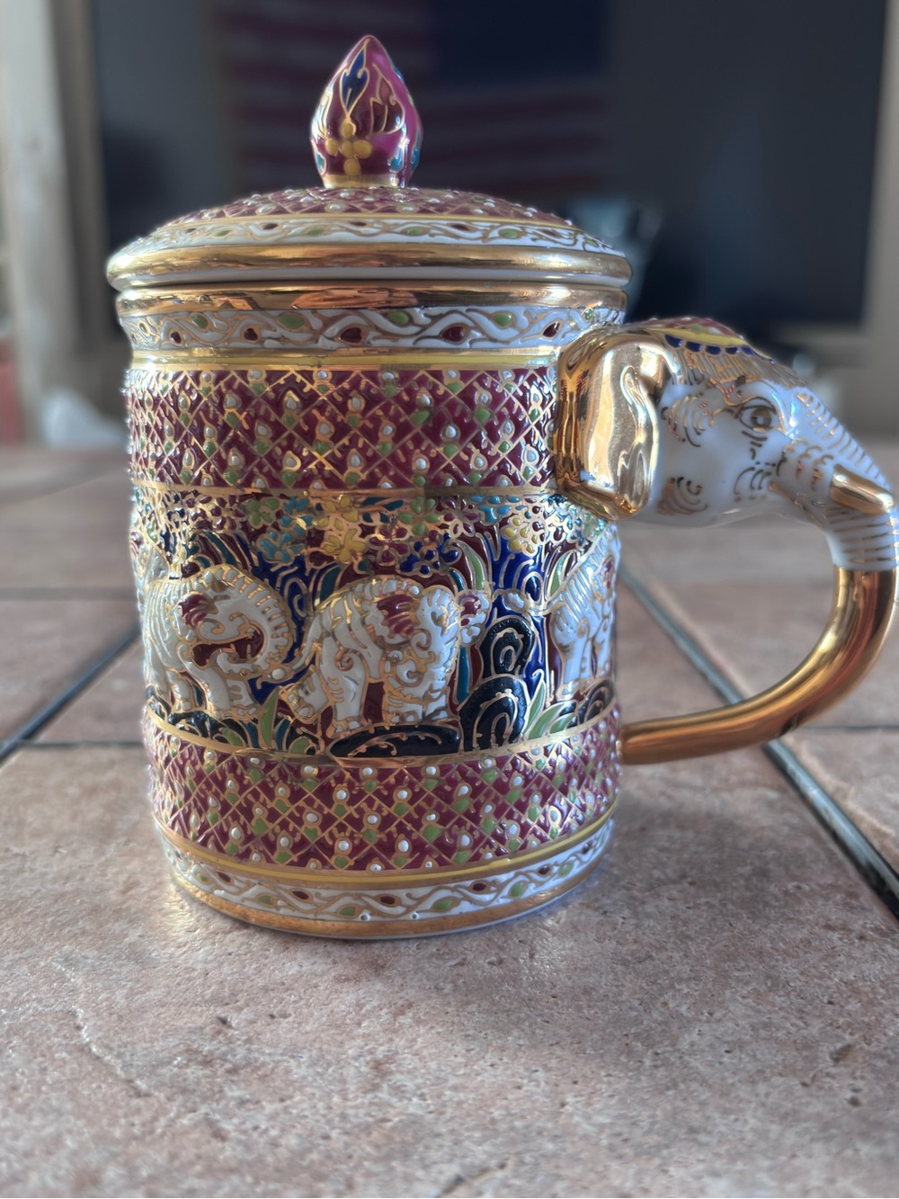 Mug Glass Elephant Pattern Thai Benjarong Style Handmade Painted luxury Gift